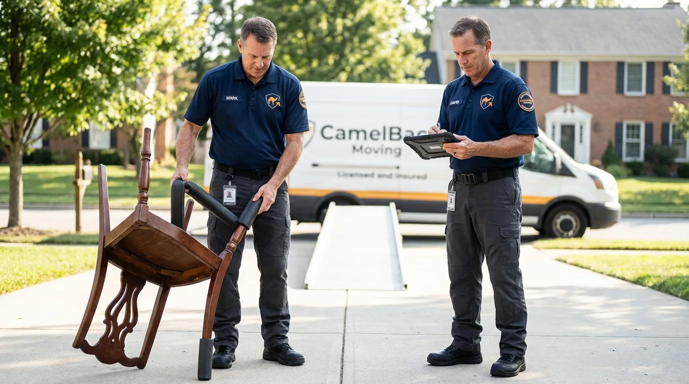 Movers inspecting furniture for damage prevention before loading in Bethel, AK