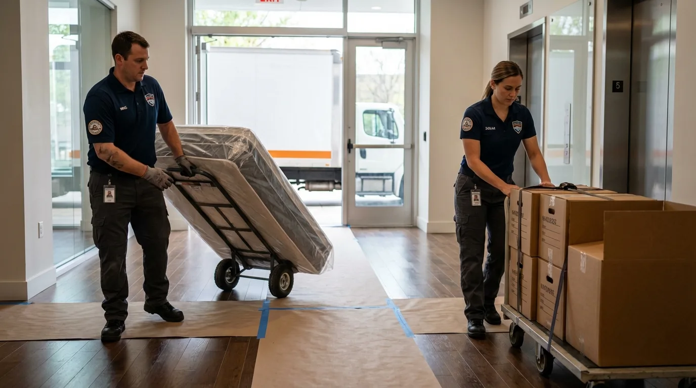 Professional apartment movers loading elevator in Bethel, AK